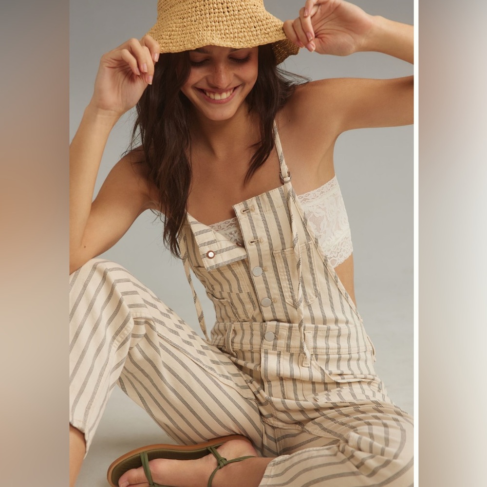 Pilcro Cream and Black Striped Overalls NWOT